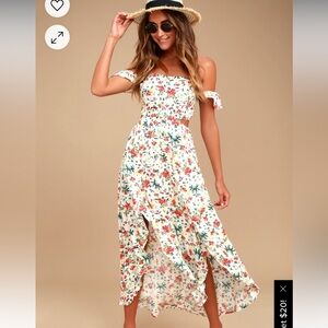 Lulus Easy on the Eyes Cream Floral Print Off-the-Shoulder Maxi Dress